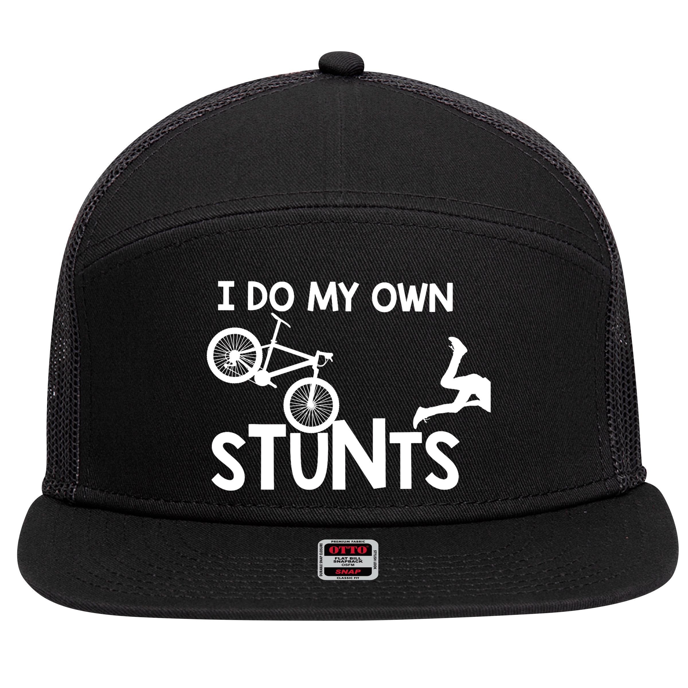 I Do My Own Stunts Mountain Biker Funny 7 Panel Mesh Trucker Snapback Hat