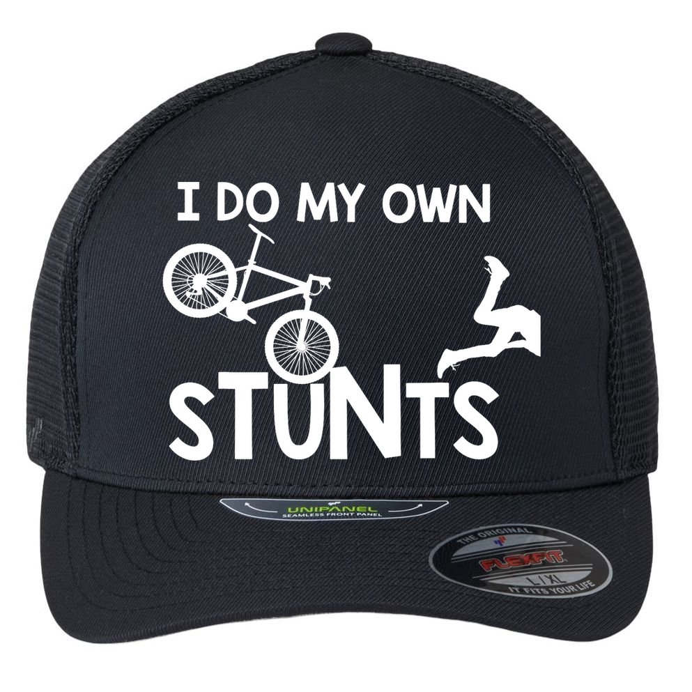 I Do My Own Stunts Mountain Biker Funny Flexfit Unipanel Trucker Cap