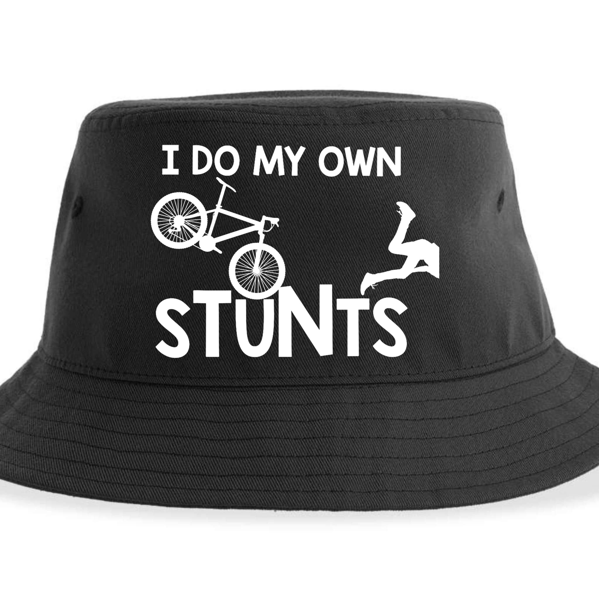 I Do My Own Stunts Mountain Biker Funny Sustainable Bucket Hat