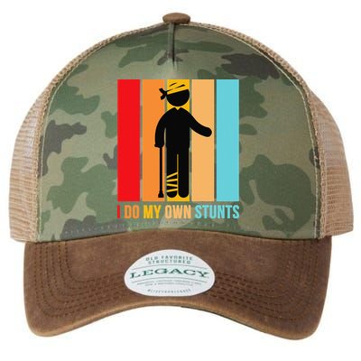 I Do My Own Stunts Get Well Gift Funny Injury Leg Head Retro Legacy Tie Dye Trucker Hat