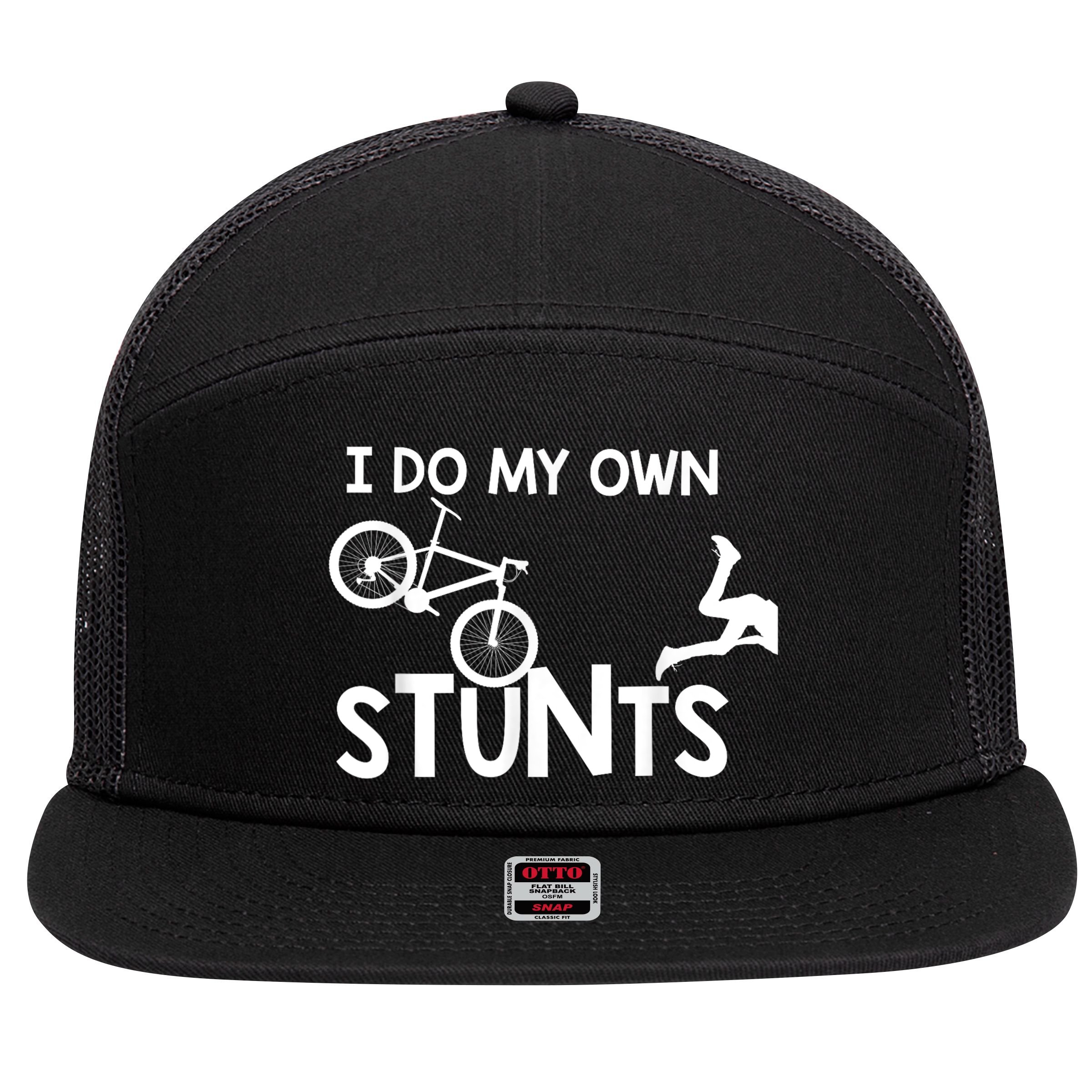 I Do My Own Stunts Funny Mountain Bike Biker Gift 7 Panel Mesh Trucker Snapback Hat
