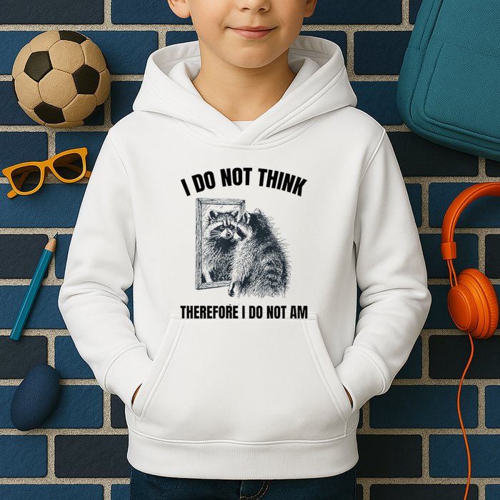 I Do Not Think Therefore I Do Not Am Raccoon Philosopher Kids Hoodie