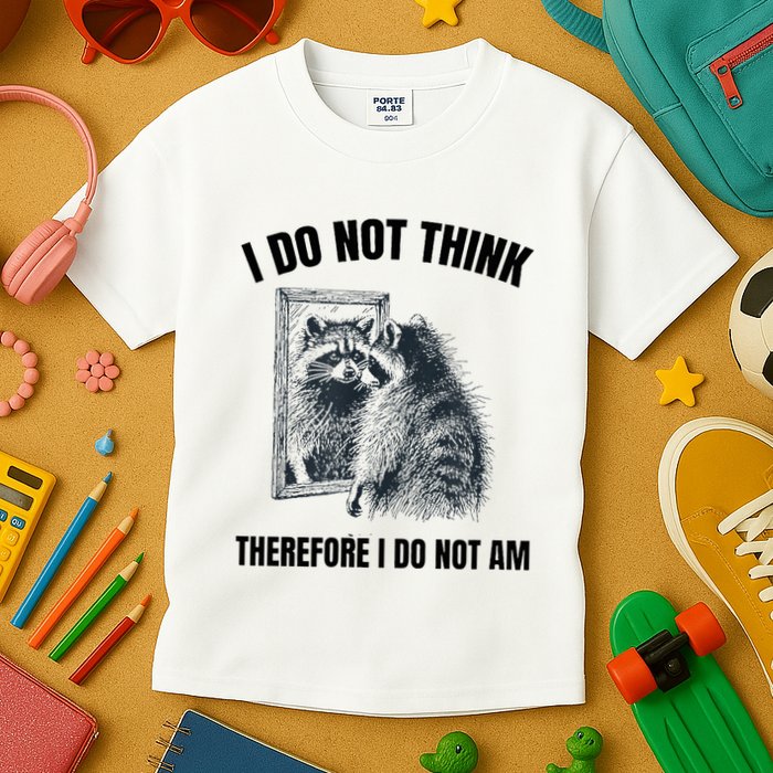 I Do Not Think Therefore I Do Not Am Raccoon Philosopher Kids T-Shirt