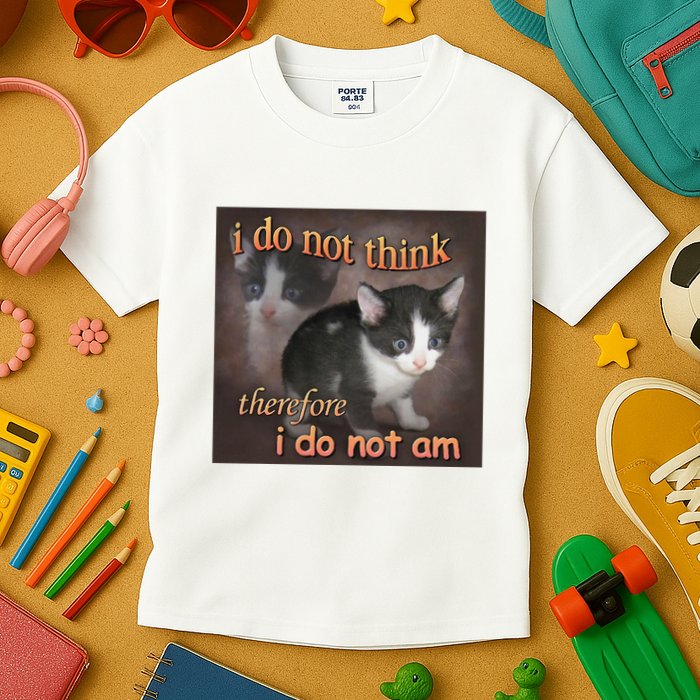 I Do Not Think Therefore I Do Not Am Cat Meme Kids T-Shirt