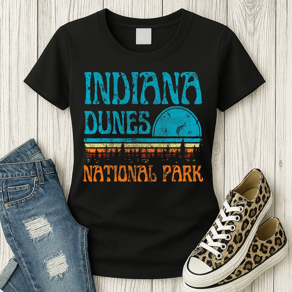 Indiana Dunes National Park Lake Michigan Retro Sunset Womens T-Shirt