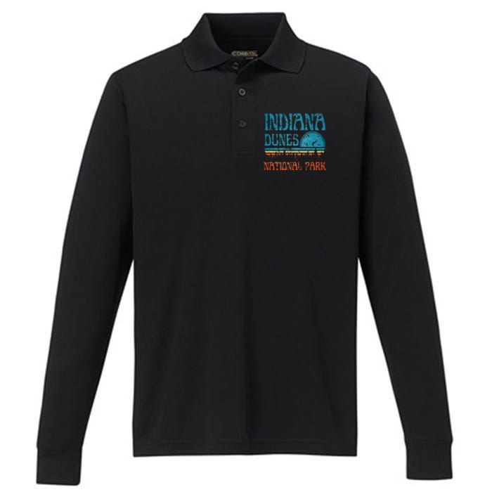 Indiana Dunes National Park Lake Michigan Retro Sunset Performance Long Sleeve Polo