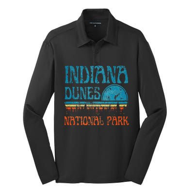 Indiana Dunes National Park Lake Michigan Retro Sunset Silk Touch Performance Long Sleeve Polo