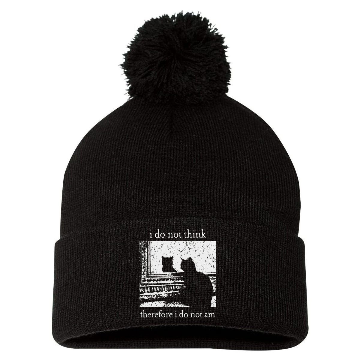 I Do Not Think Therefore I Do Not Am Cat Meme Pom Pom 12in Knit Beanie