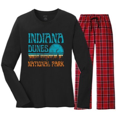 Indiana Dunes National Park Lake Michigan Retro Sunset Women's Long Sleeve Flannel Pajama Set 