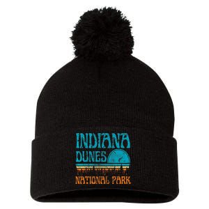 Indiana Dunes National Park Lake Michigan Retro Sunset Pom Pom 12in Knit Beanie