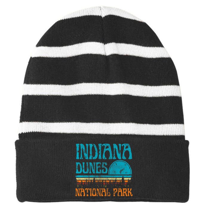 Indiana Dunes National Park Lake Michigan Retro Sunset Striped Beanie with Solid Band