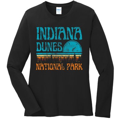 Indiana Dunes National Park Lake Michigan Retro Sunset Ladies Long Sleeve Shirt