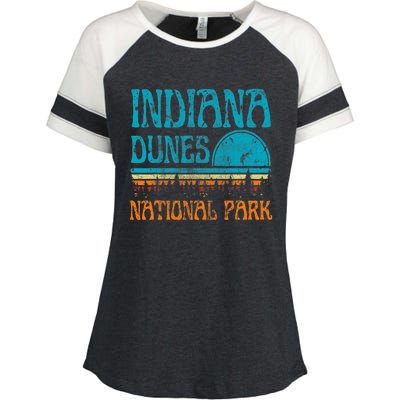 Indiana Dunes National Park Lake Michigan Retro Sunset Enza Ladies Jersey Colorblock Tee