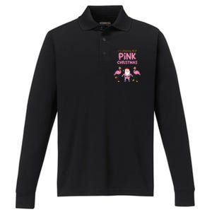 IM Dreaming Of A Pink Christmas Flamingo Santa Tropical Gift Performance Long Sleeve Polo