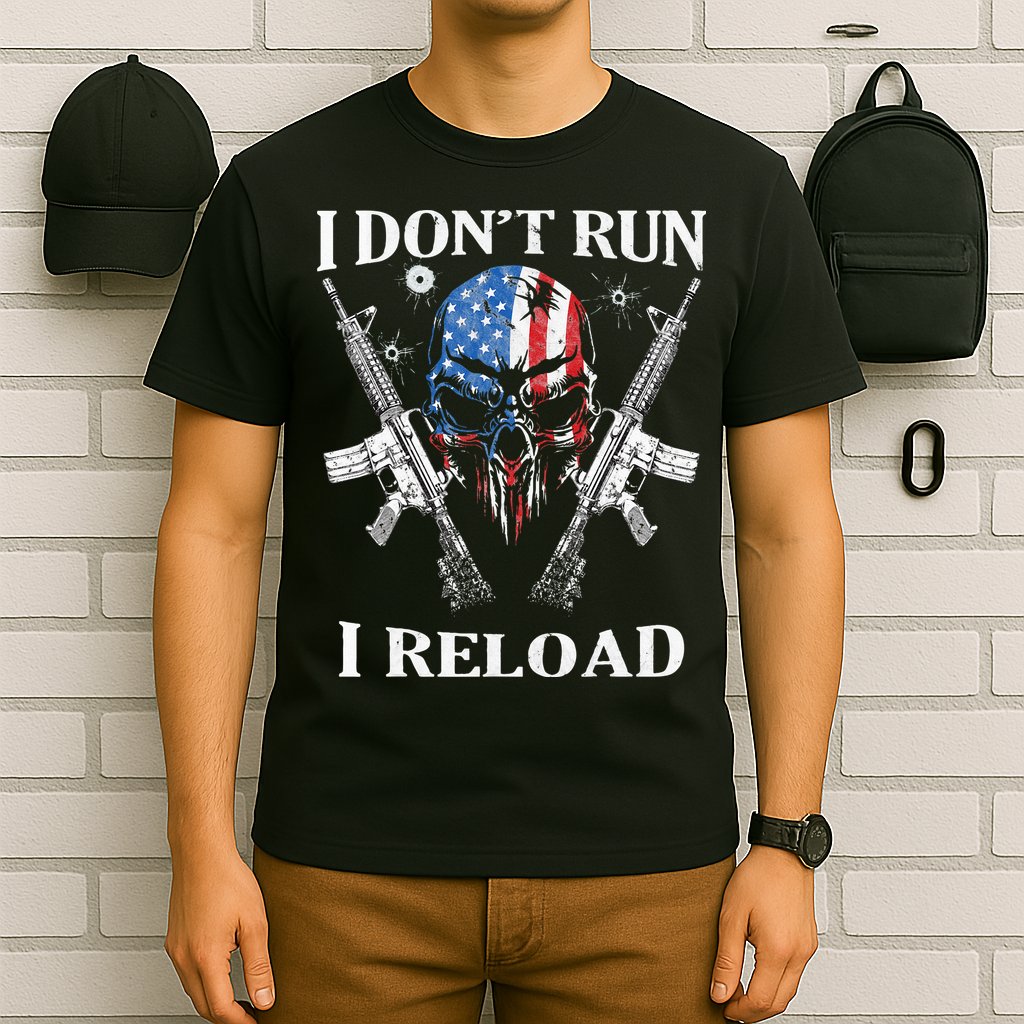 I Dont Run I Reload Gun Rights AR 15 Skull American Flag T-Shirt