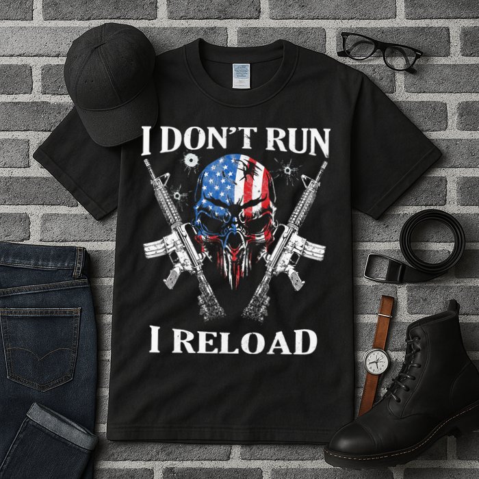 I Dont Run I Reload Gun Rights AR 15 Skull American Flag Tall T-Shirt