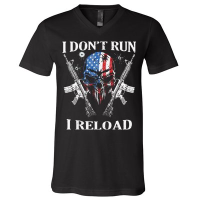 I Dont Run I Reload Gun Rights AR 15 Skull American Flag V-Neck T-Shirt