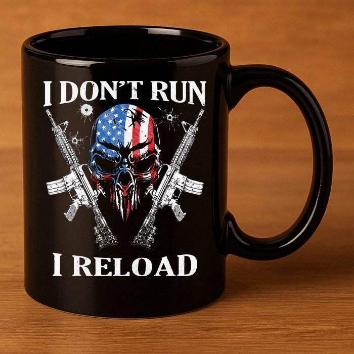 I Dont Run I Reload Gun Rights AR 15 Skull American Flag 11oz C Handle Ceramic Mug