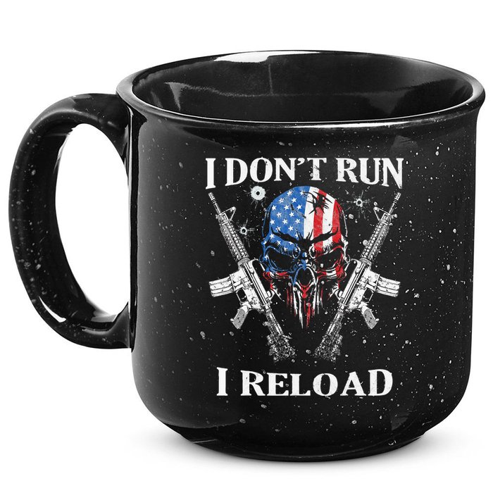 I Dont Run I Reload Gun Rights AR 15 Skull American Flag 15oz Campfire Ceramic Mug