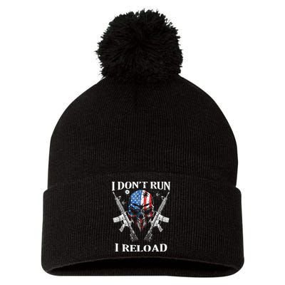 I Dont Run I Reload Gun Rights AR 15 Skull American Flag Pom Pom 12in Knit Beanie