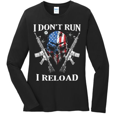 I Dont Run I Reload Gun Rights AR 15 Skull American Flag Ladies Long Sleeve Shirt