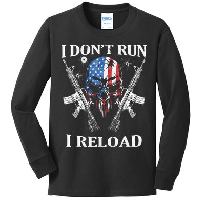 I Dont Run I Reload Gun Rights AR 15 Skull American Flag Kids Long Sleeve Shirt