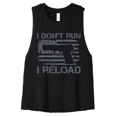 I Don't Run I Reload Pro Guns USA Flag Pistol Funny Gun Women's Racerback Cropped Tank