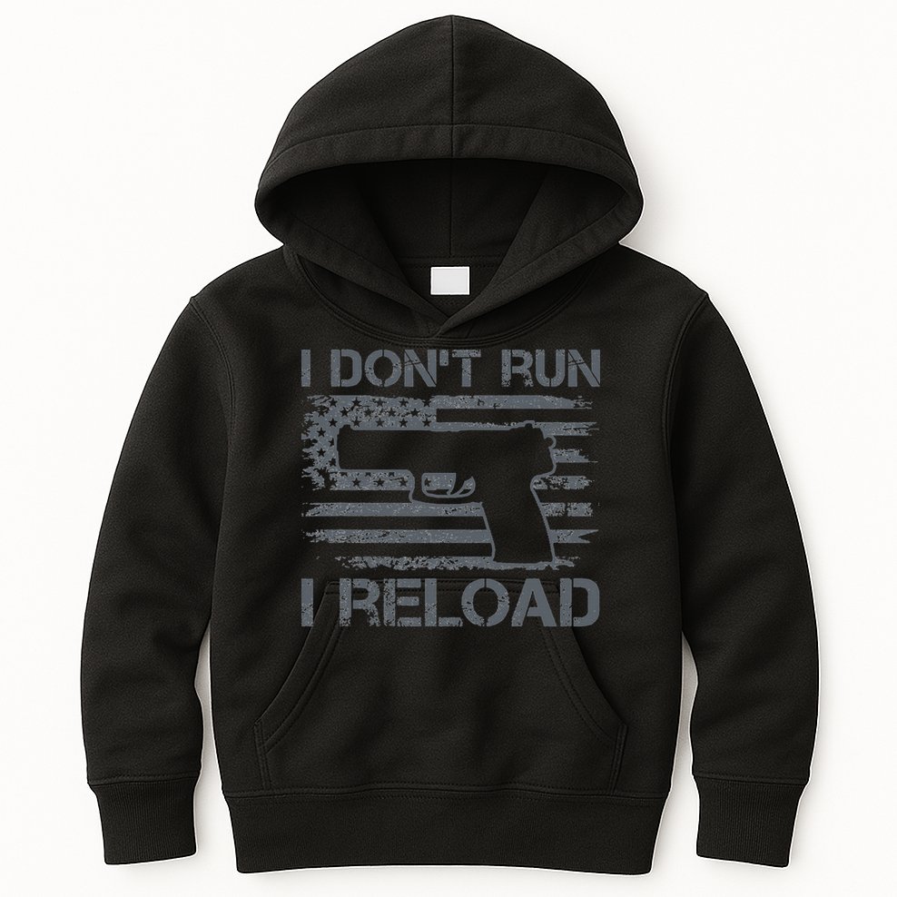 I Don't Run I Reload Pro Guns USA Flag Pistol Funny Gun Kids Hoodie