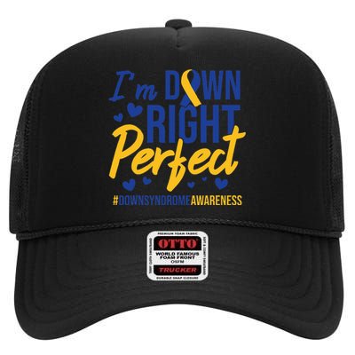 I'm Down Right Perfect Quote Down Syndrome Awareness Ribbon High Crown Mesh Back Trucker Hat