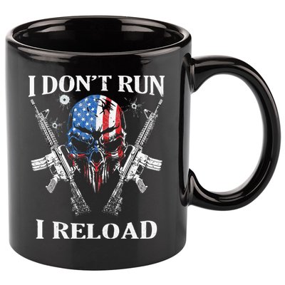 I don't Run I Reload Gun Rights AR 15 Skull American Flag 11oz C Handle Ceramic Mug