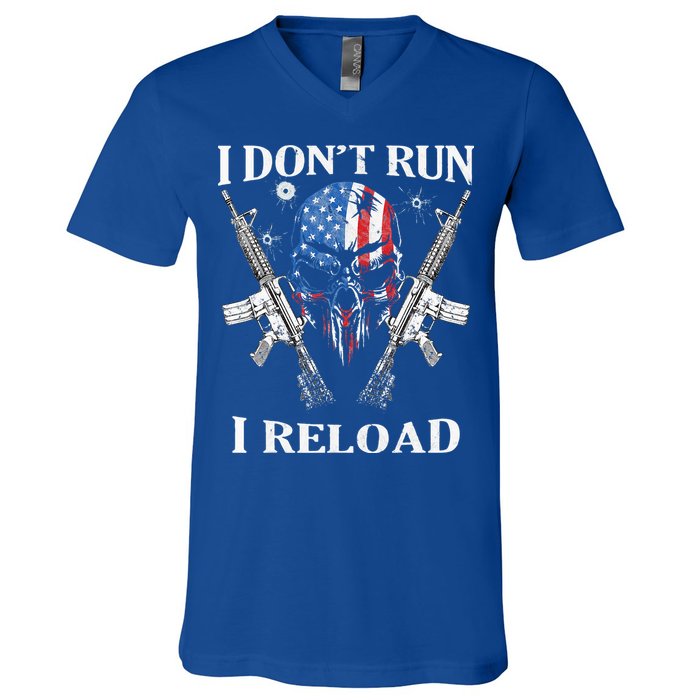 I don't Run I Reload Gun Rights AR 15 Skull American Flag V-Neck T-Shirt