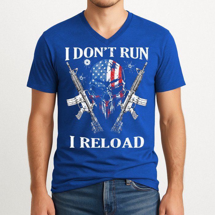 I don't Run I Reload Gun Rights AR 15 Skull American Flag V-Neck T-Shirt