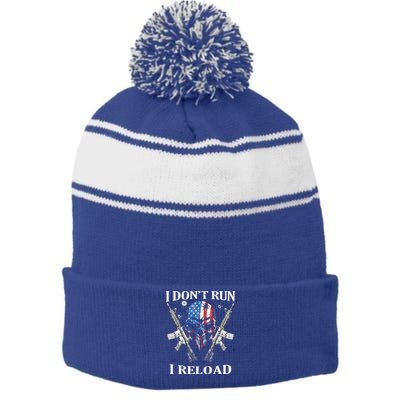 I don't Run I Reload Gun Rights AR 15 Skull American Flag Stripe Pom Pom Beanie