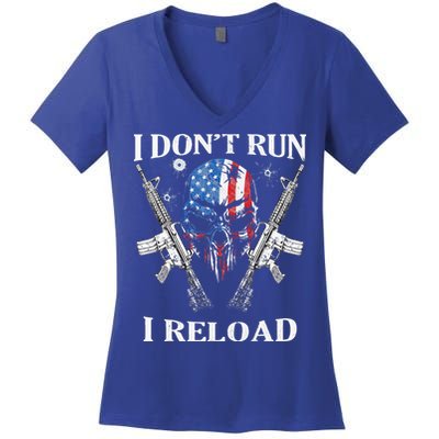 I don't Run I Reload Gun Rights AR 15 Skull American Flag Women's V-Neck T-Shirt