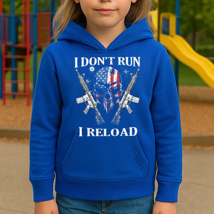 I don't Run I Reload Gun Rights AR 15 Skull American Flag Kids Hoodie