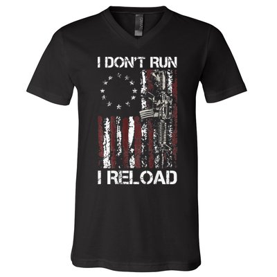 I Don't Run I Reload Gun American Flag Patriots  V-Neck T-Shirt
