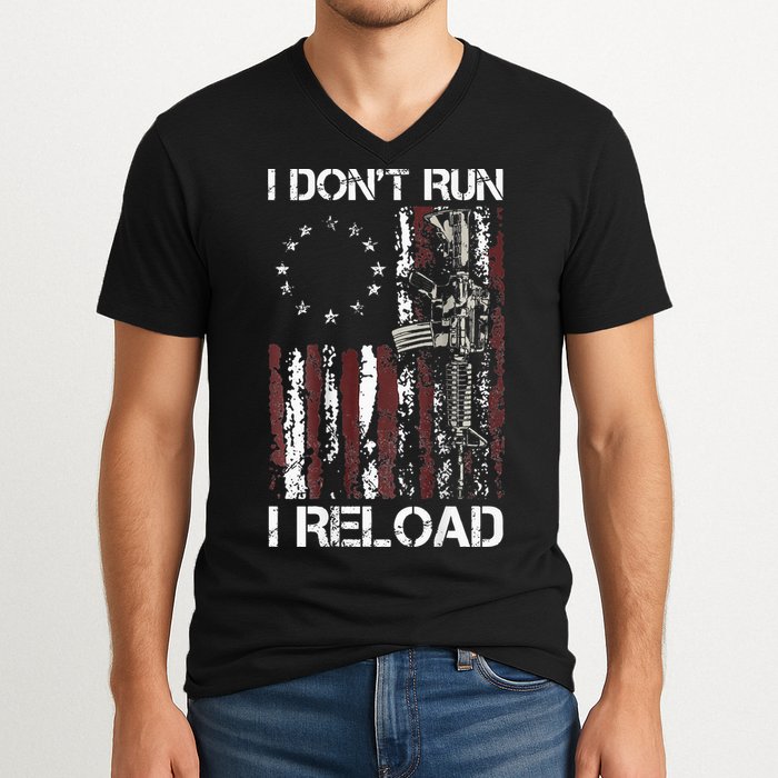 I Don't Run I Reload Gun American Flag Patriots  V-Neck T-Shirt