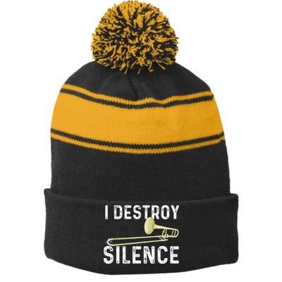 I Destroy Silence Trombonist Trombone Player Marching Band Stripe Pom Pom Beanie