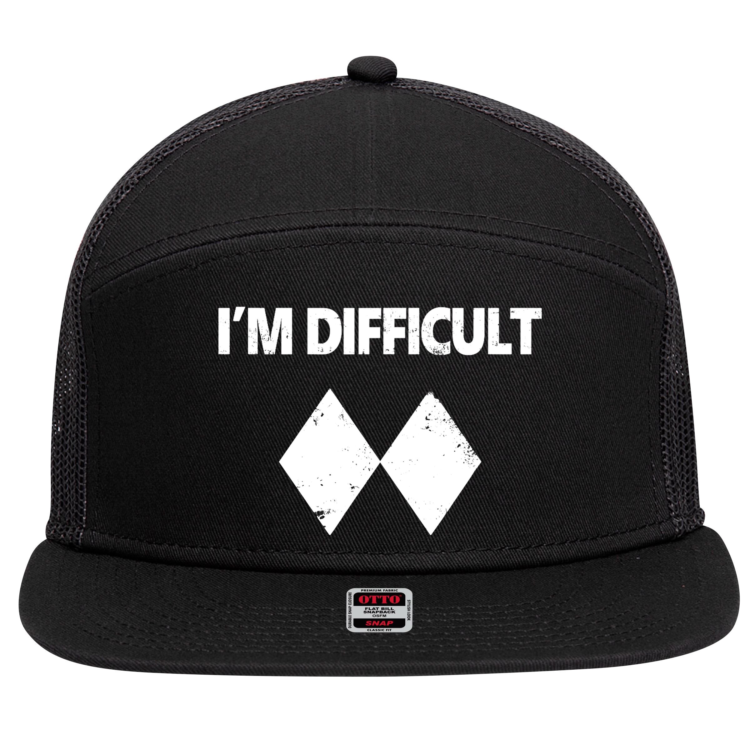 I'm Difficult Skiing Skier Snowboard Double Black Diamonds 7 Panel Mesh Trucker Snapback Hat