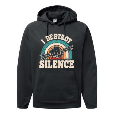 I Destroy Silence Retro Drummer Funny Drumming Lover Drum Performance Fleece Hoodie