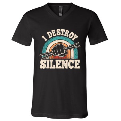 I Destroy Silence Retro Drummer Funny Drumming Lover Drum V-Neck T-Shirt