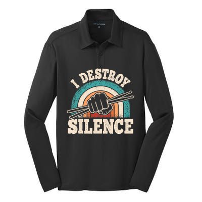 I Destroy Silence Retro Drummer Funny Drumming Lover Drum Silk Touch Performance Long Sleeve Polo