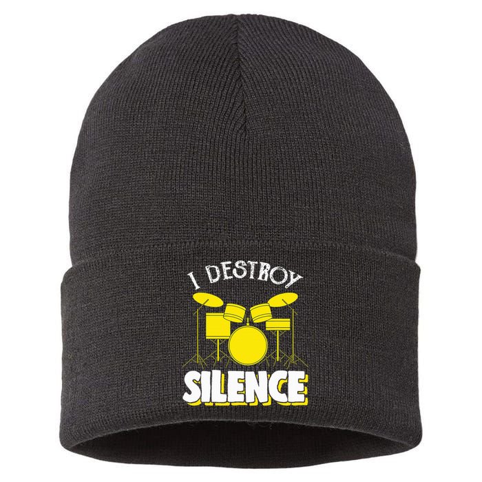 I Destroy Silence Drum Funny Drummer Sustainable Knit Beanie