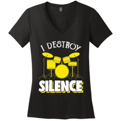 I Destroy Silence Drum Funny Drummer Women's V-Neck T-Shirt