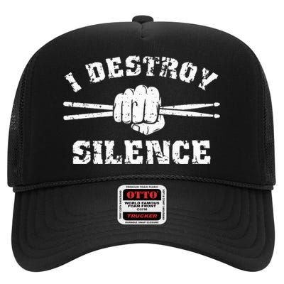 I Destroy Silence Awesome Drummer Drums Accessories High Crown Mesh Back Trucker Hat