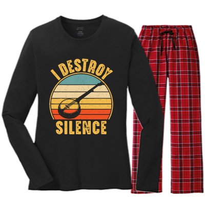 I Destroy Silence Banjo Funny Musical Instrument Women's Long Sleeve Flannel Pajama Set 