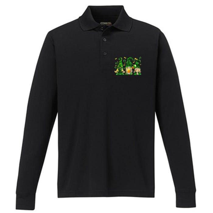 Irish Drinking Team Gnomes Holding Shamrock St Patrick's Day Performance Long Sleeve Polo