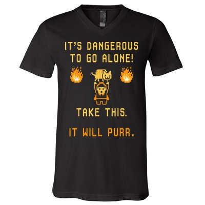 ITS DANGEROUS TO GO ALONE! TAKE THIS. IT WILL PURR. V-Neck T-Shirt