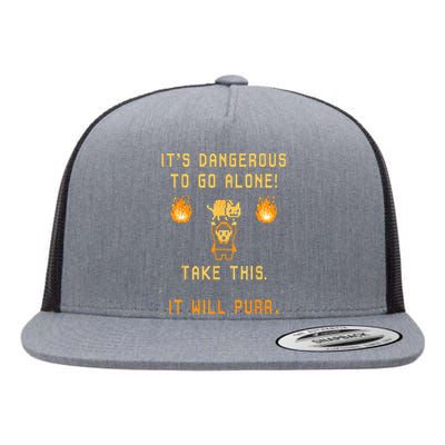 ITS DANGEROUS TO GO ALONE! TAKE THIS. IT WILL PURR. Flat Bill Trucker Hat