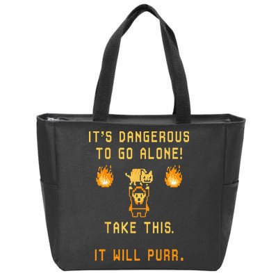 ITS DANGEROUS TO GO ALONE! TAKE THIS. IT WILL PURR. Zip Tote Bag